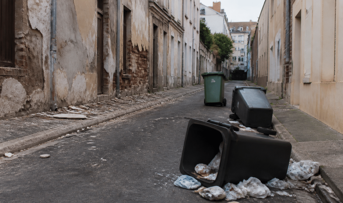 Rue urbaine degradee avec facades deteriorees et poubelles renversees