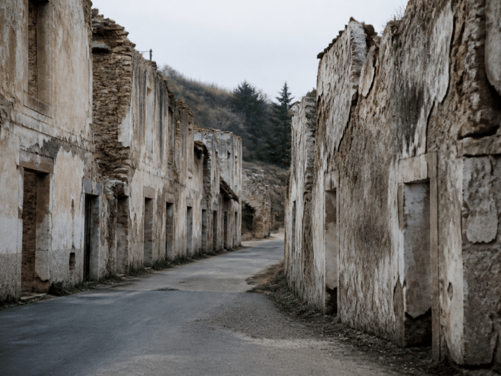 rue abandonnee avec facades degradees et batiments en ruine