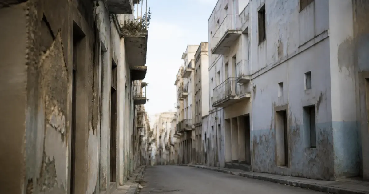Rues desertes d'un quartier urbain avec immeubles delabres et facades degradees