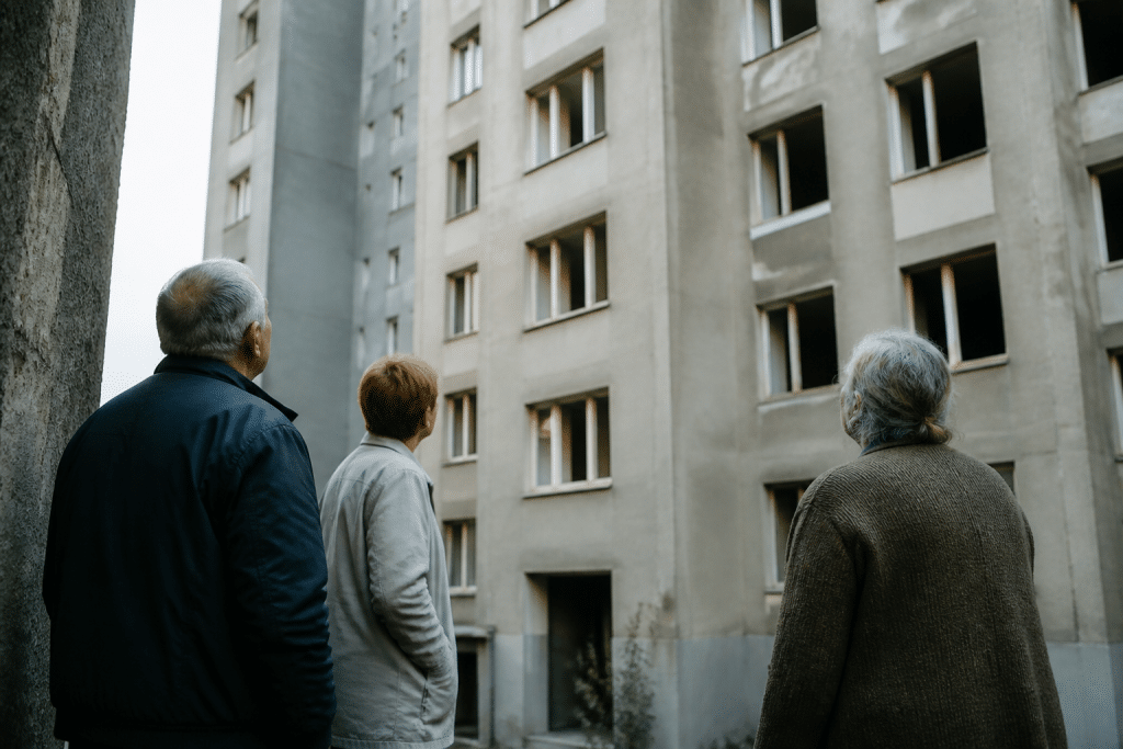 Immeubles gris isolés avec habitants regardant fenêtres vides