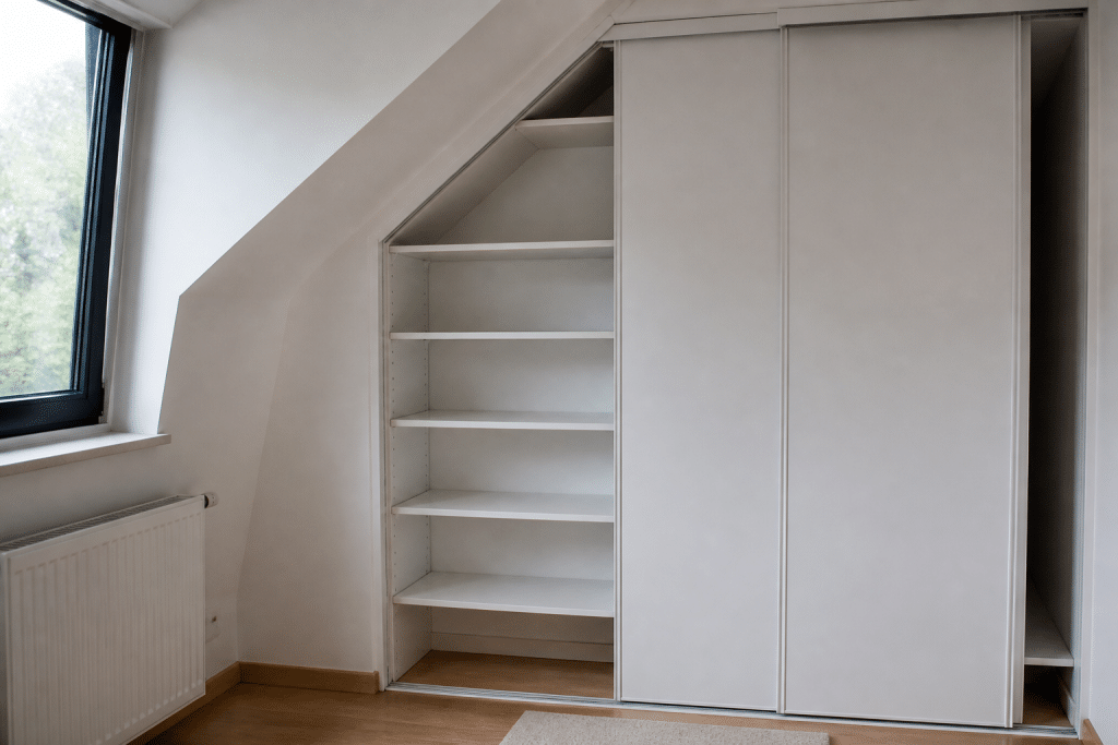 Placard blanc epouse coin mansarde avec etageres ajustables