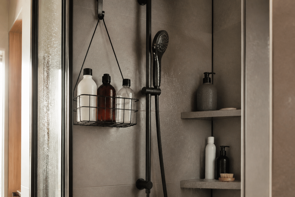 Panier suspendu et étagères humides dans cabine douche moderne