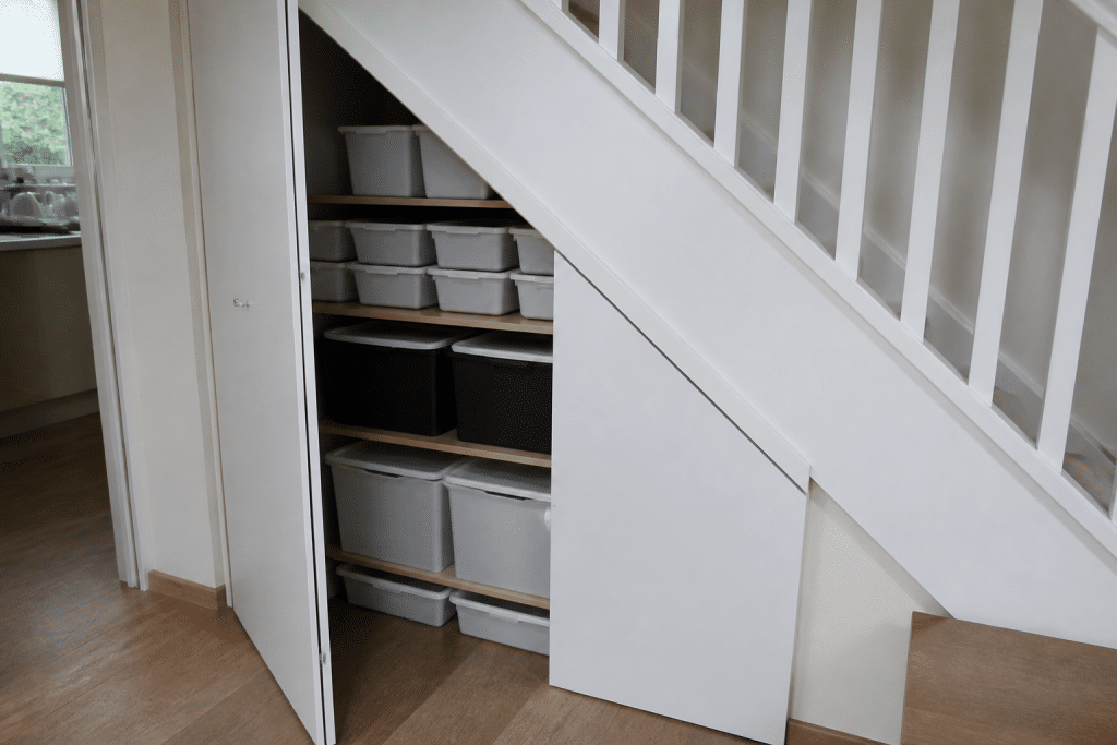 Placard sous escalier rempli de boites de rangement organisees