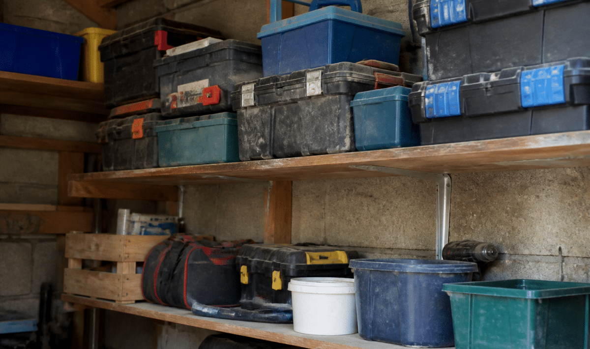 Outils et boites empiles sur etageres murales garage