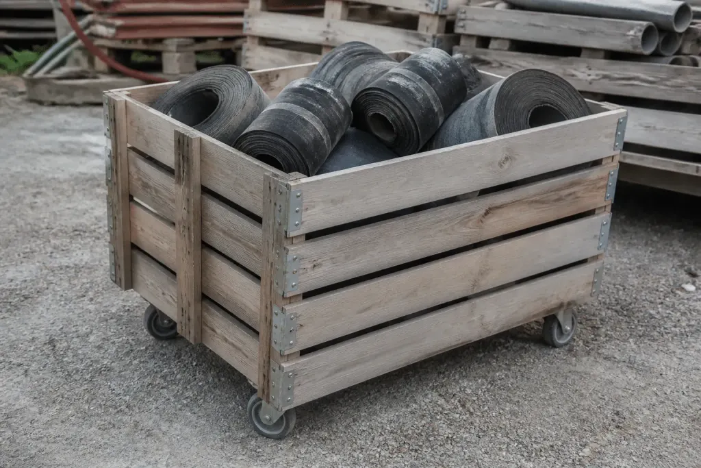 Caisse bois bardeaux bitumineux roulettes stockage extérieur
