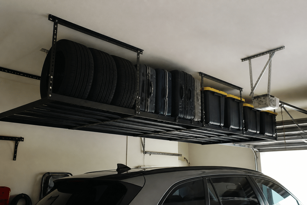 Rails suspendus stockant pneus et valises sous plafond garage