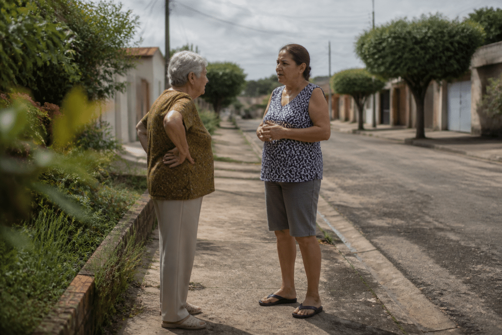 Residents discussing peacefully in quiet neighborhood street scene