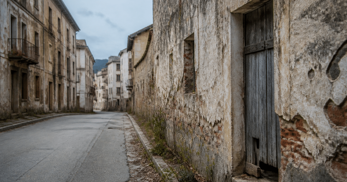 Rue desertion avec batiments delabres et facade usee