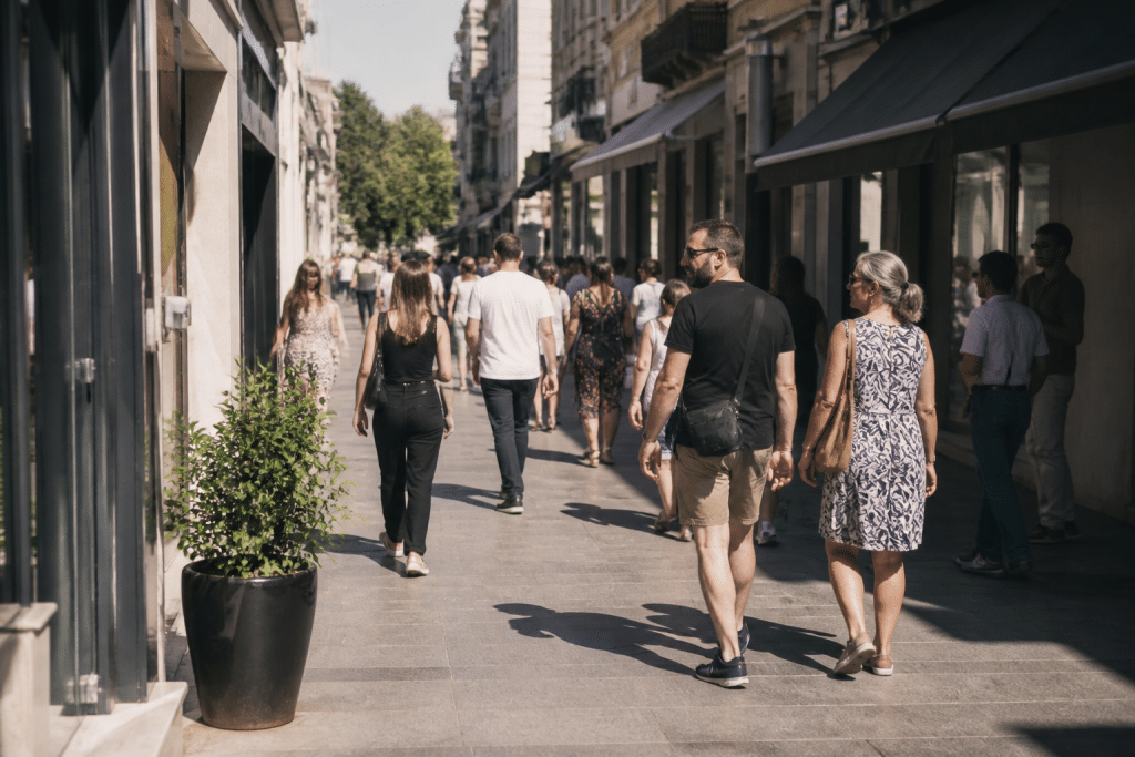 Rue commerçante avec magasins et piétons sous ensoleillé