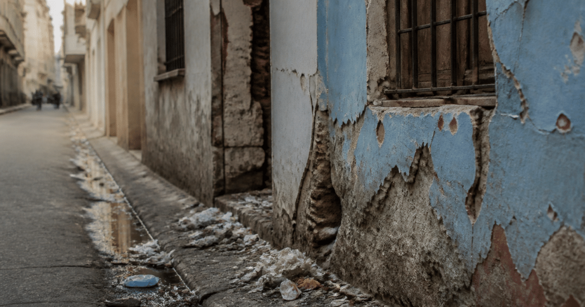 Rue urbaine deterioree avec facades endommagees et detritus au sol