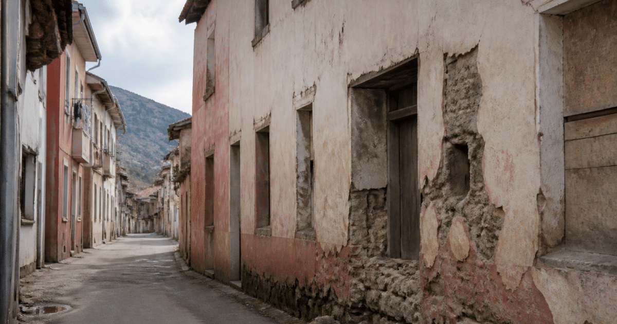 Rue urbaine delabree avec batiments degrades et murs endommages visibles