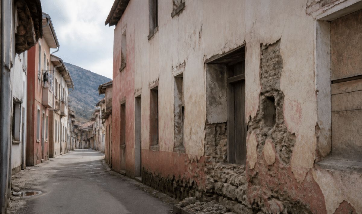 Rue urbaine delabree avec batiments degrades et murs endommages visibles