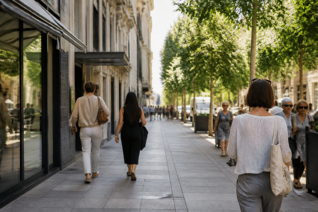 Rue urbaine bien eclairee avec commerces et pietons en journee
