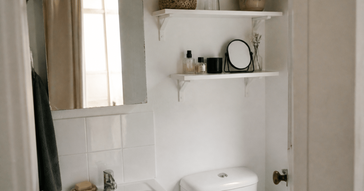 Petite salle de bain avec etageres murales blanches et miroir