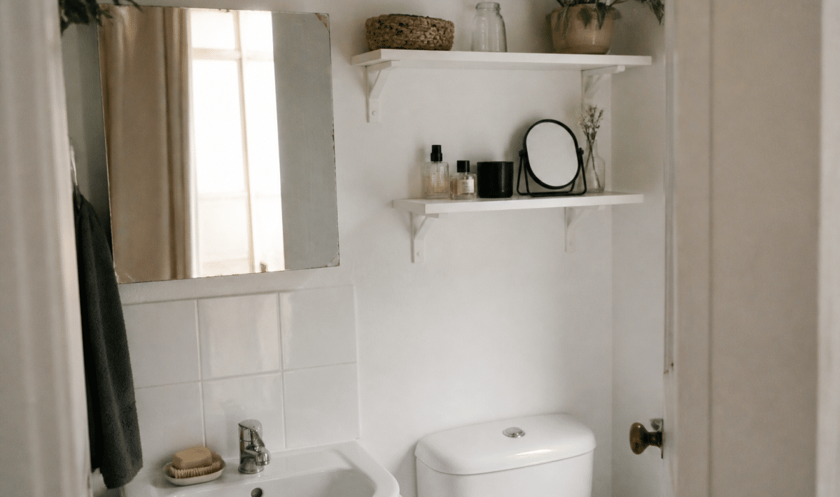 Petite salle de bain avec etageres murales blanches et miroir