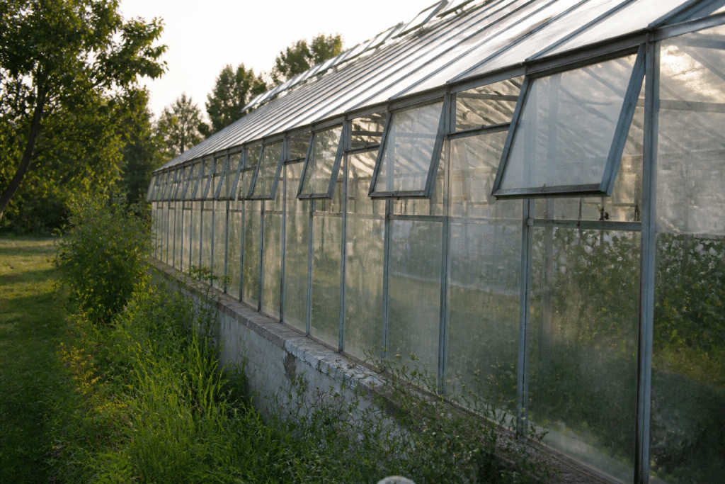 Serre orientee sud avec ouvertures de ventilation visibles