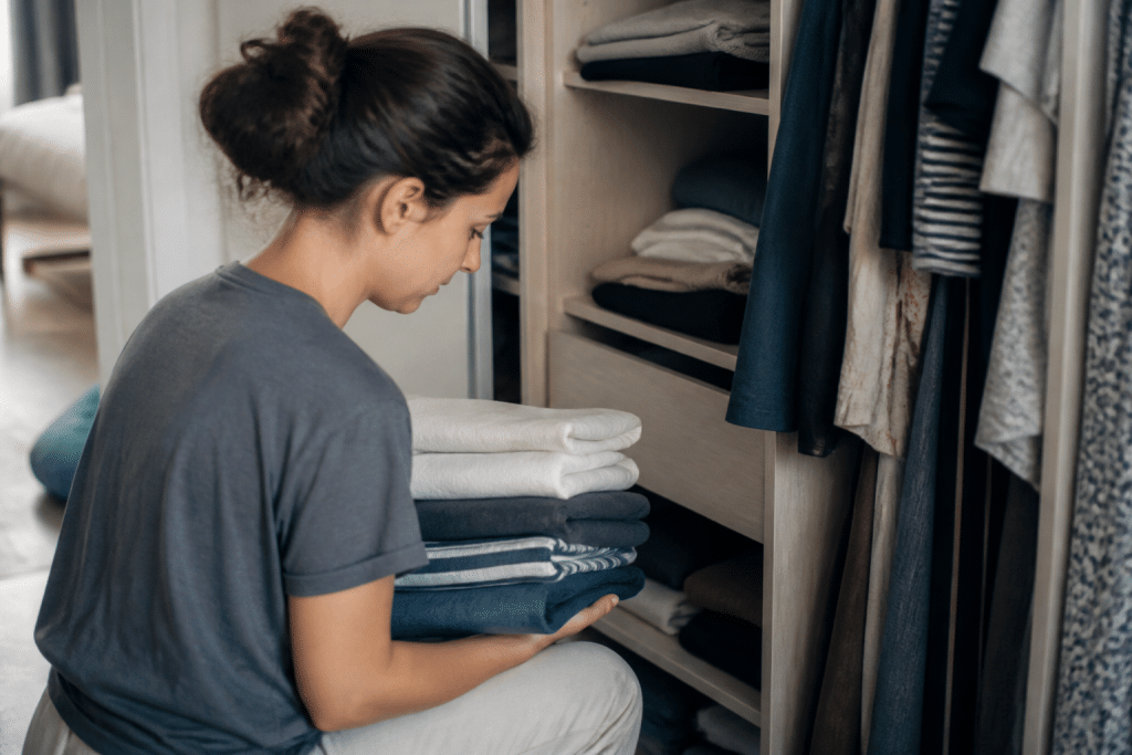 Vetements plies ranger dans placard organisation quotidienne