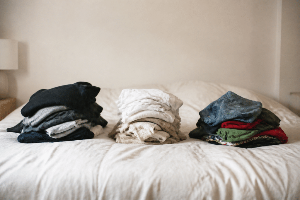 Vêtements triés en trois piles distinctes sur lit blanc