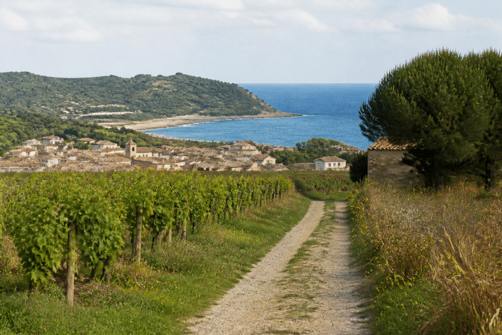 Vignobles et champs entourant village méditerranéen côtier