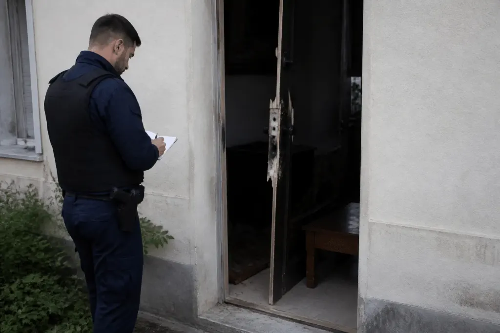Policier inspectant immeuble cambriolé avec porte forcee