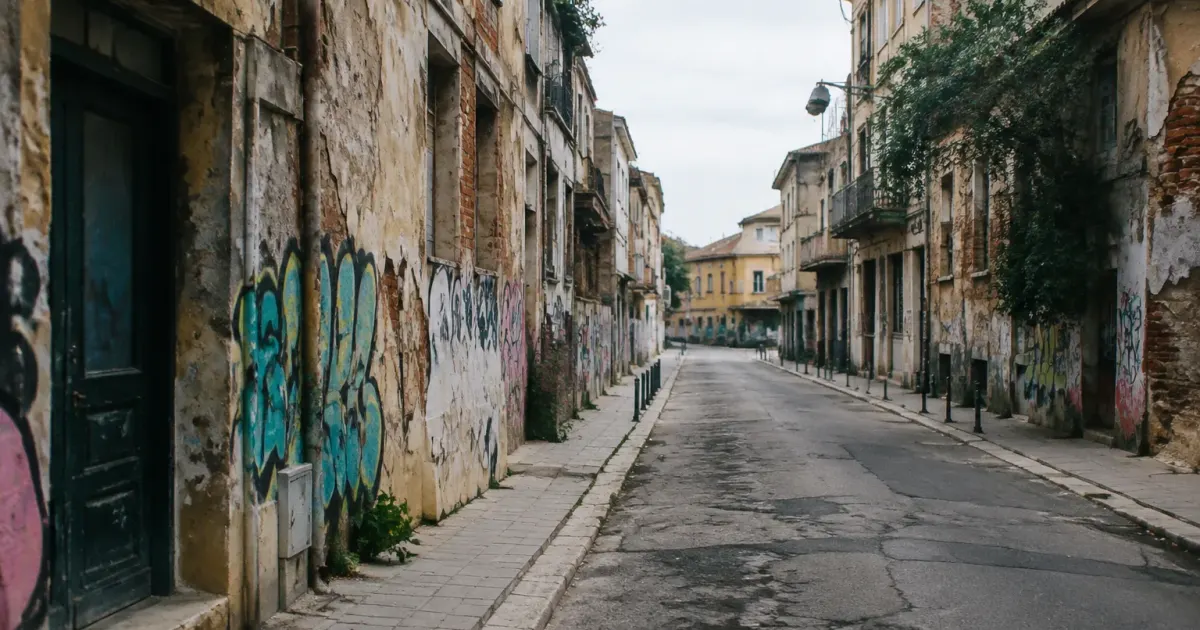 Rue vide avec immeubles delabres et graffitis visibles