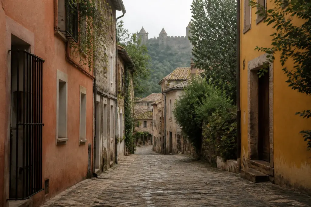 Rue pavée avec maisons colorées et château médiéval au loin