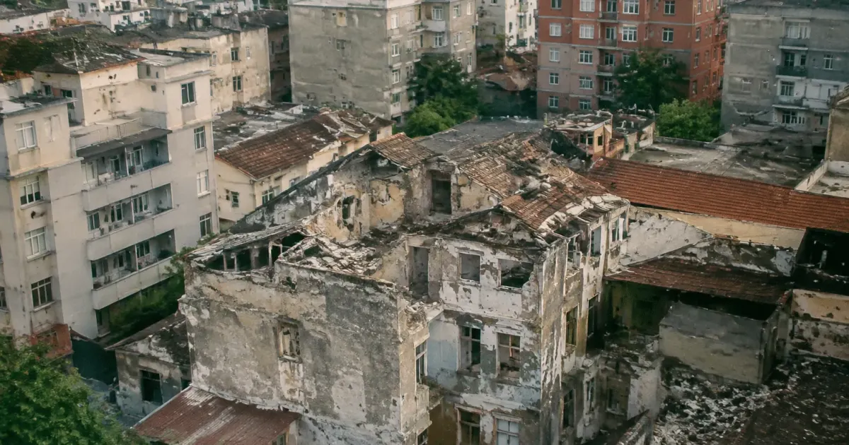Vue aerienne de batiments delabres dans quartier urbain densifie