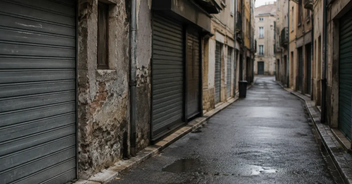 Rue sombre avec devantures fermees et murs deteriores