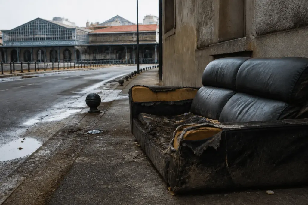 Rue urbaine degradee avec mobilier casse et gare ferroviaire
