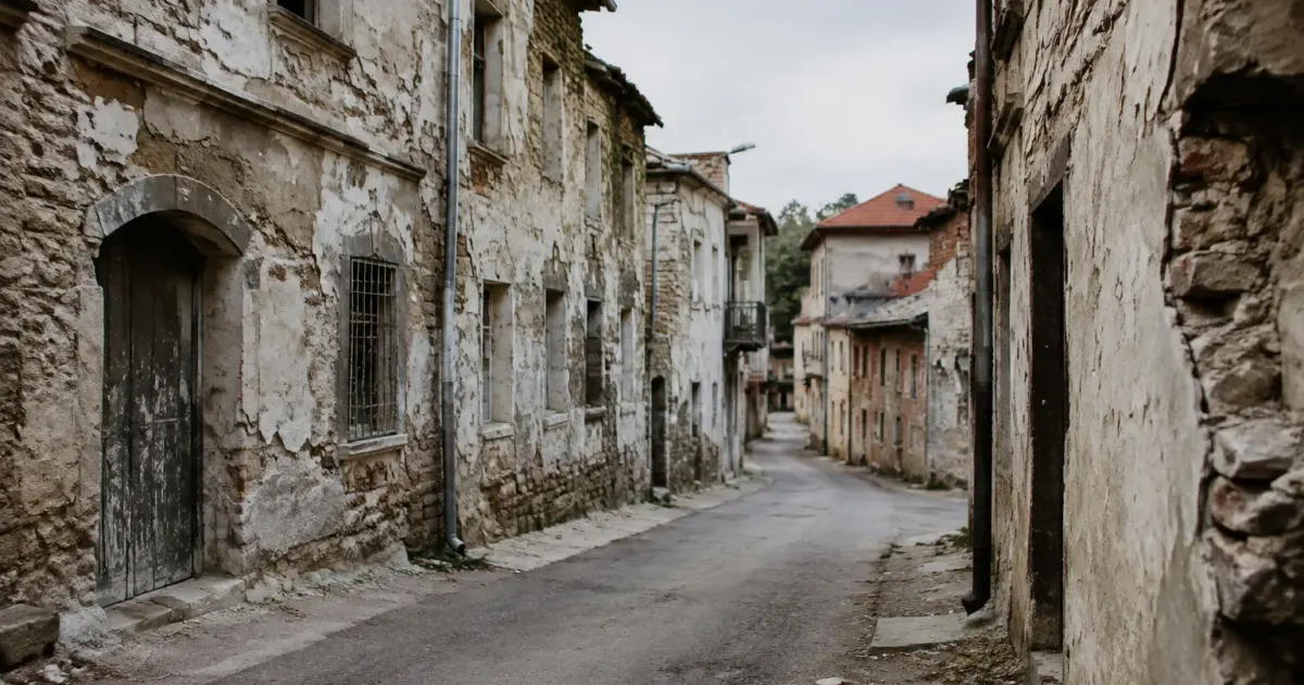 Rues vides avec immeubles en ruine et murs degrades