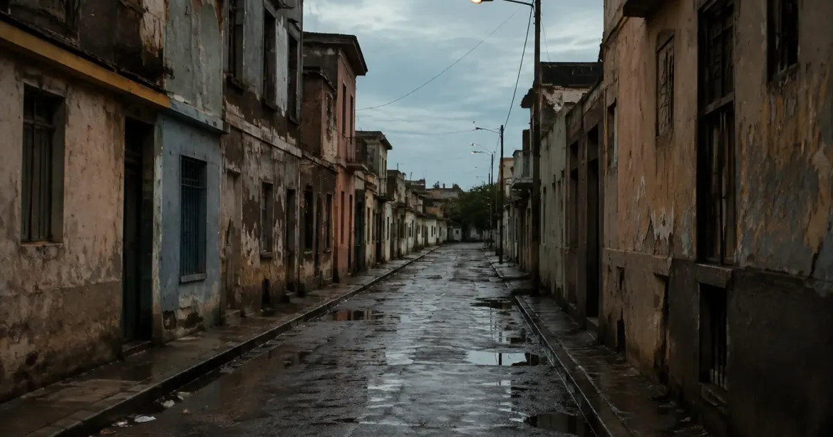 Zone urbaine sombre rue vide avec batiments degrades