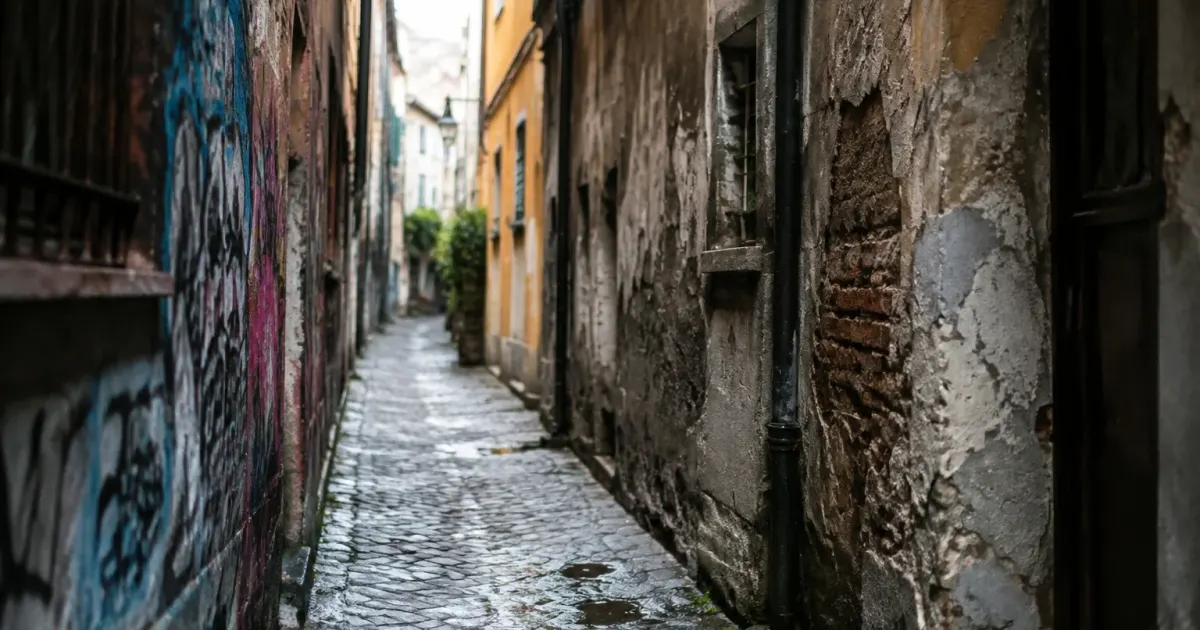 Ruelle sombre avec murs tagges et facades delabrees